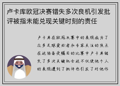 卢卡库欧冠决赛错失多次良机引发批评被指未能兑现关键时刻的责任